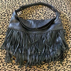 orYANY Black Leather Hobo Bag with Fringe